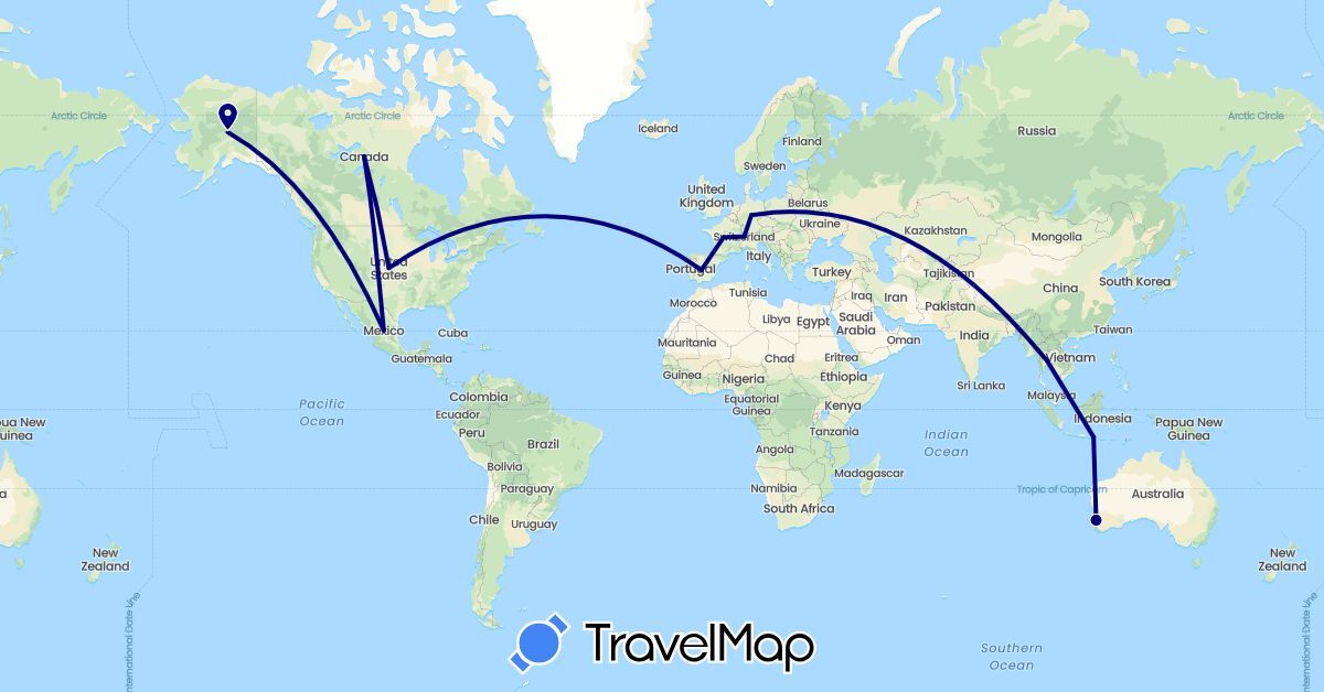 TravelMap itinerary: driving in Australia, Canada, Switzerland, Germany, Spain, France, Indonesia, Mexico, Thailand, United States (Asia, Europe, North America, Oceania)
